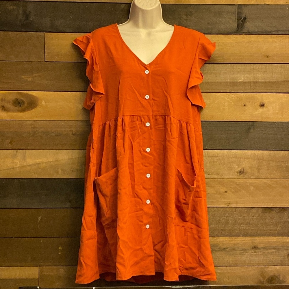 Ruffle Sleeve Button-Front Babydoll Dress – Size Medium 🧡